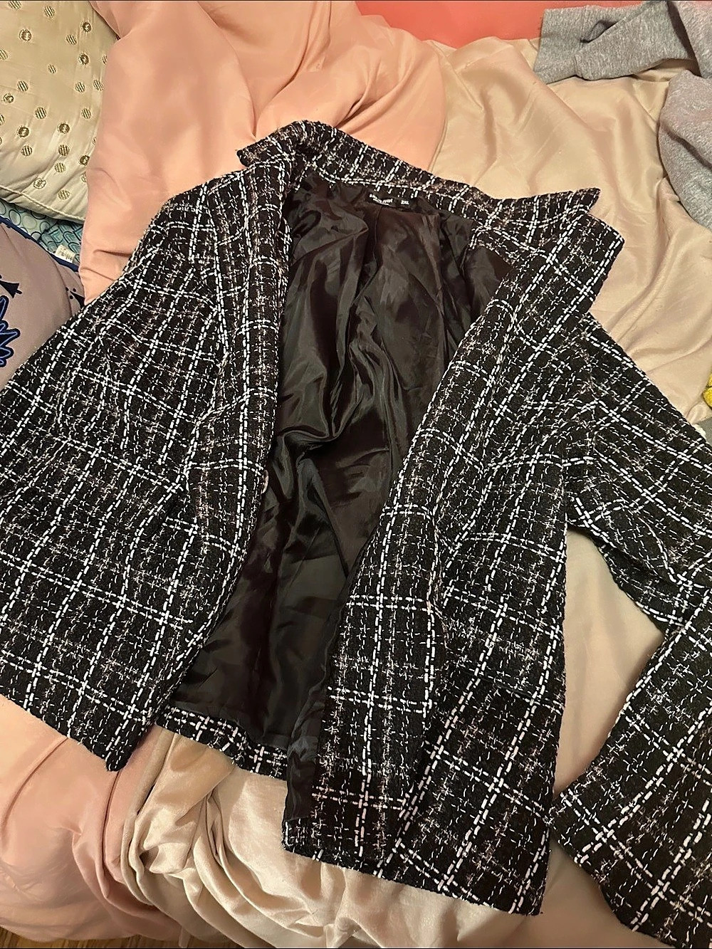SHEIN Black and White Plaid Tweed Open Front Blazer